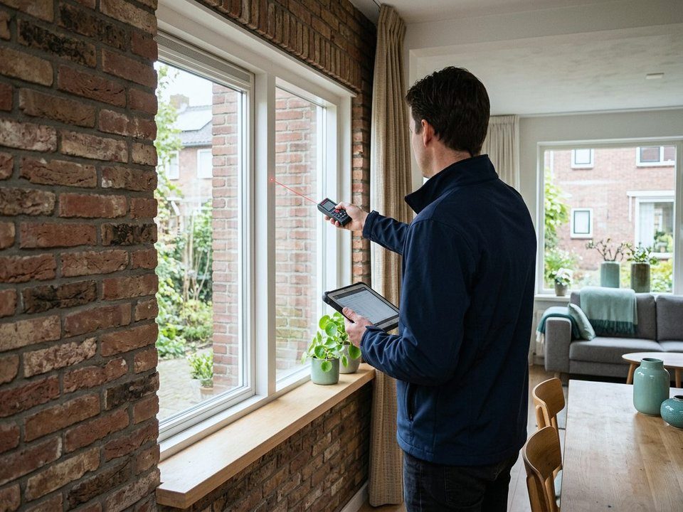 Gecertificeerde energieadviseur meet een raam op bij de woningopname