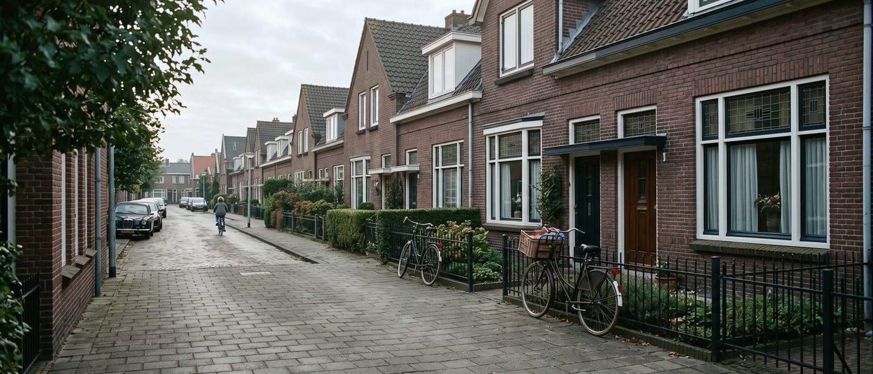 Rij Nederlandse bakstenen woningen, elk met een eigen energielabel