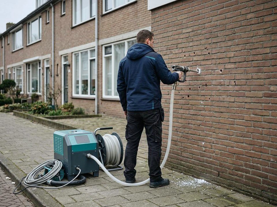 Isolatiebedrijf blaast spouwmuurisolatie in de gevel om het energielabel te verbeteren