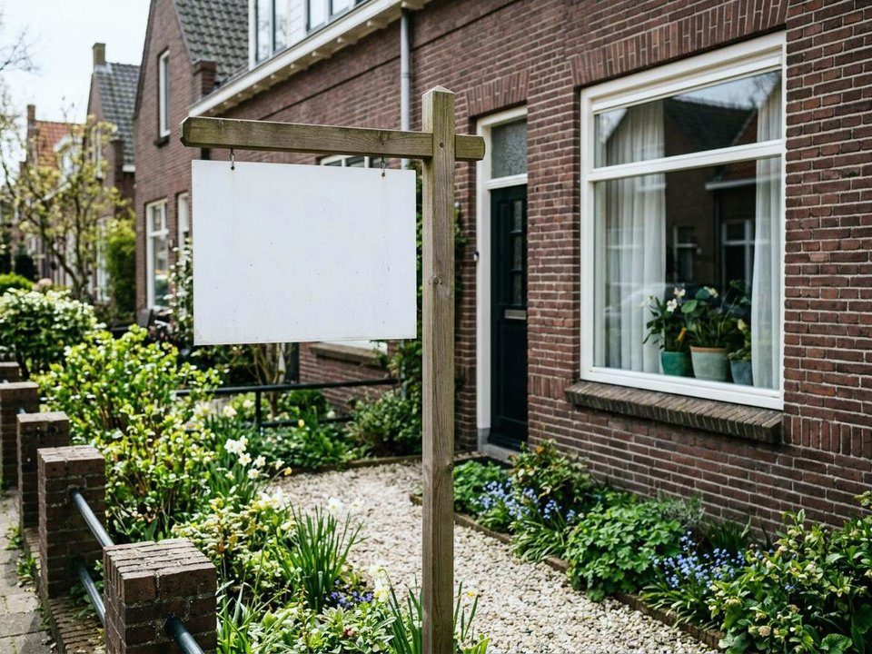 Te koop bord in de voortuin van een rijtjeshuis, waar bij verkoop een energielabel nodig is